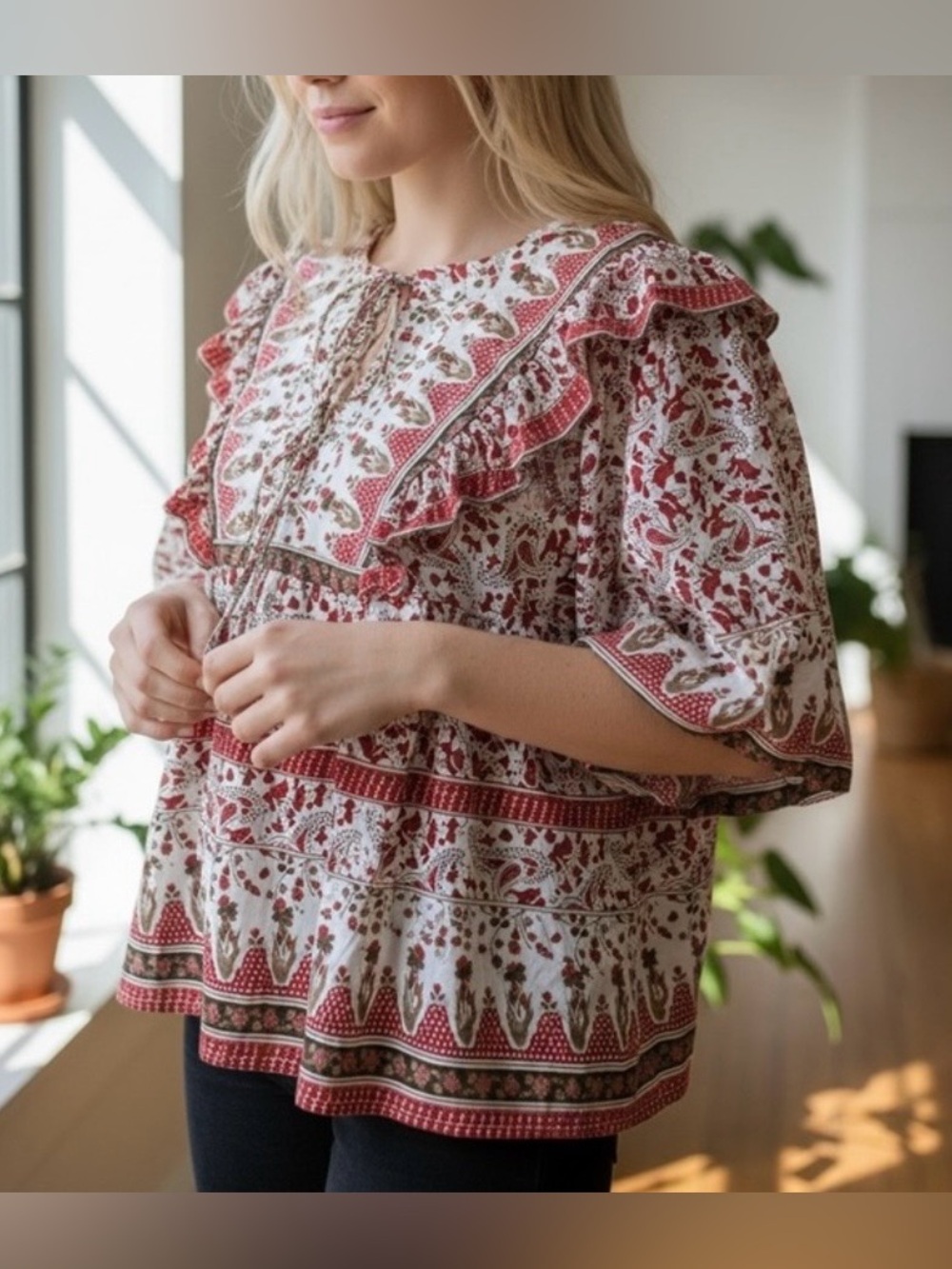 NWT Calypso St.Barth Boho Ruffle Yoke Peasant Blouse Top - Red Floral Print - L - Picture 2 of 15